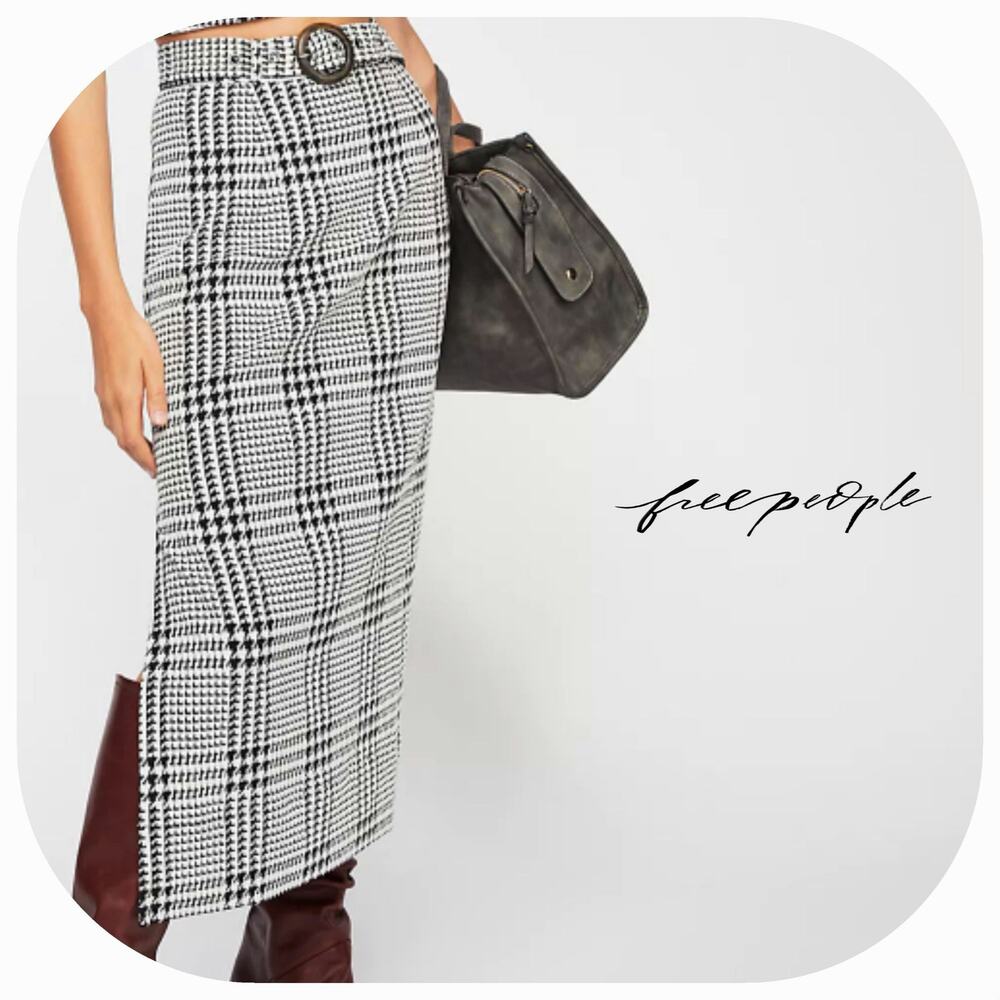 EUC Free People Off Duty‎ Houndstooth Midi Straight Skirt Sz. 0 White Black